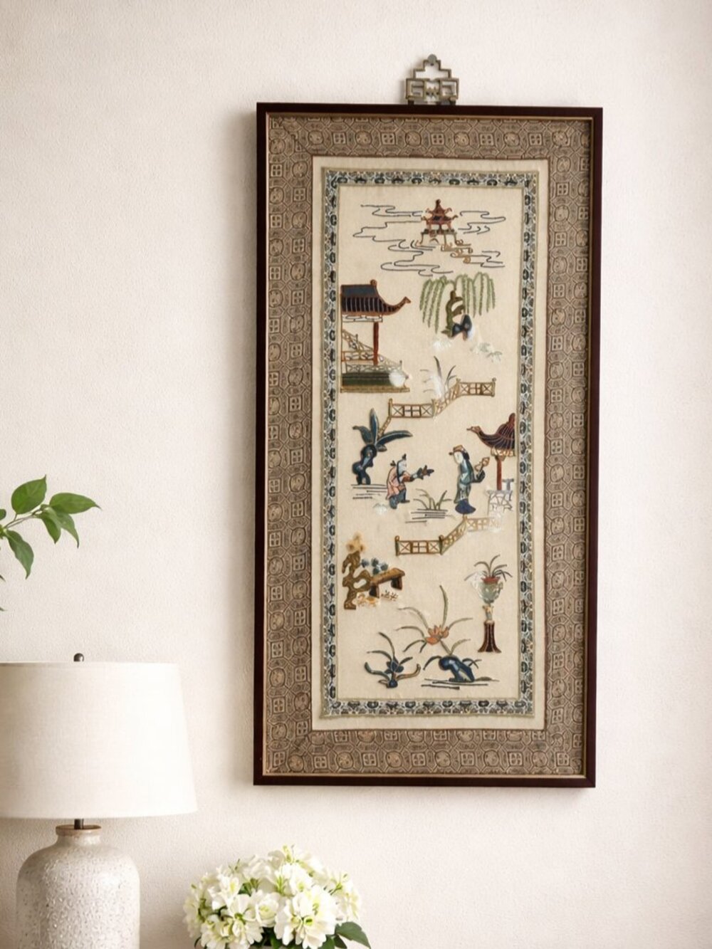 Vintage Framed Chinese Silk Embroidery Panel - Asian Garden Scene Oriental Art